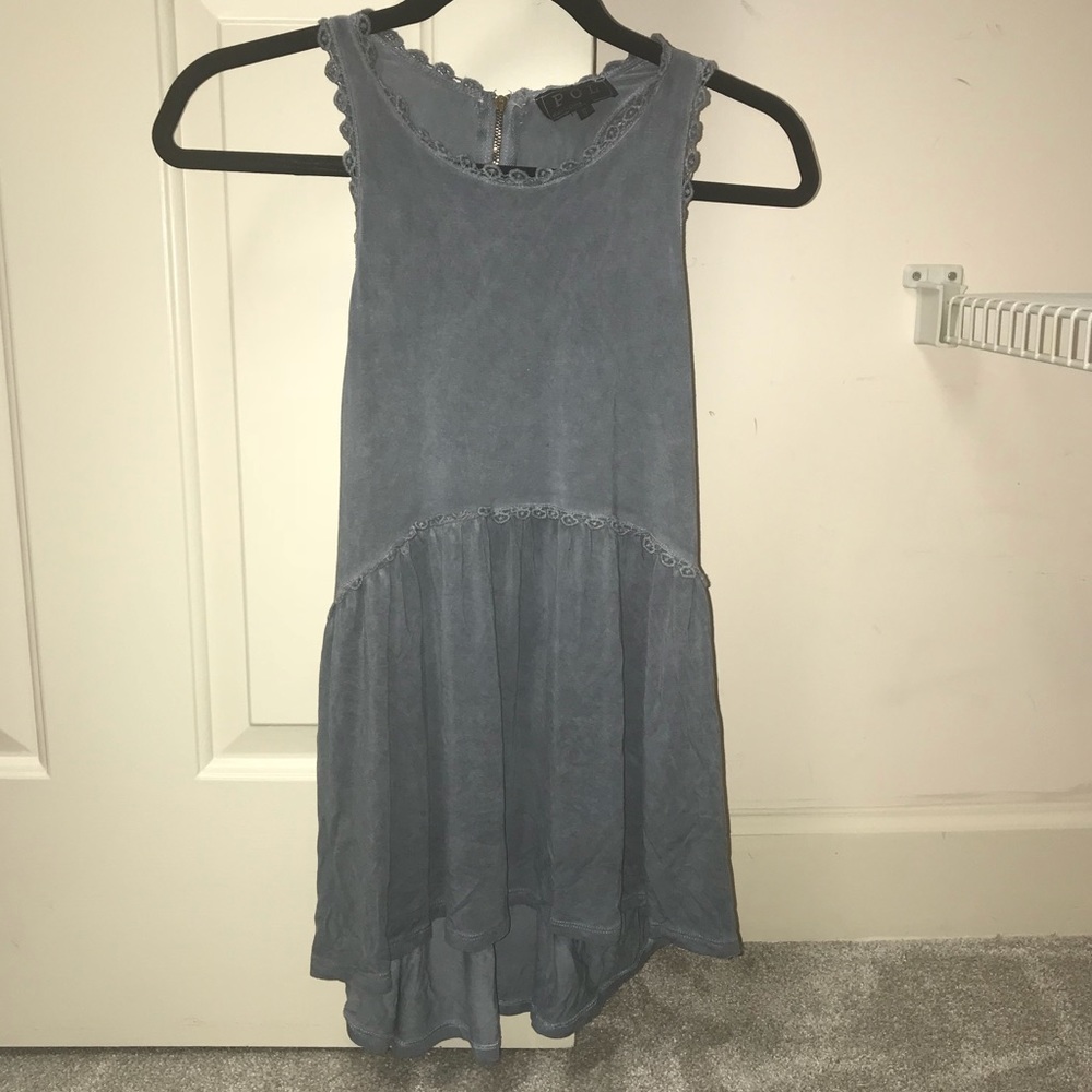 dusty blue embroidered edge tank top